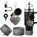 Glitter silicone cup boot set with rhinestone heart pompom keychain and diamond straw cover. - Black