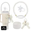 Accessoires pour gobelet perle chaîne paille silicone couvercle noeud papillon set - Blanc