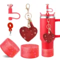 Glitter silicone cup sleeve rhinestone heart keychain straw cover set for tumbler cup accessories - Red