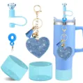Glitter silicone tumbler boot and sparkling rhinestone heart keychain set for daily use. - Blue