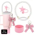 Kit d'accessoires pour gourde rose avec anse perles, paille étoile de mer et botte en silicone. - Rose
