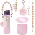 Ensemble d'accessoires pour gourde avec sangle marguerite porte-clés pompon rose et botte silicone - Rose 24oz