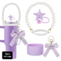 Kit de 5 accessoires violet pour gobelet Stanley avec chaîne de perles, paille étoile mer. - Violet
