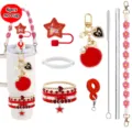 Boho Tumbler Accessories Set 6Pcs Straw Cover Handle Strap Pearl Pendant Cup Charm - Red Style B