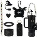 Set de accesorios para vaso con llavero de murciélago de peluche, correa de margaritas y pajita. - Estilo Negro
