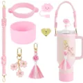 Rosa Becher Zubehör Set, Silikonboden, geflochtener Riemen, Strohhalm Abdeckung und Klee Anhänger. - Rosa