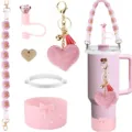 Pink Stanley tumbler accessory set with daisy strap, rhinestone heart keychain and straw cap. - Style B / Pink
