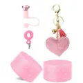 Pink glitter silicone tumbler boot charm straw topper and heart rhinestone keychain details - Pink