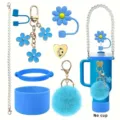 Ensemble de bottes de tasse en silicone bleu chaîne de perles porte-clés fleur accessoires - Bleu
