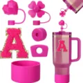 Pink tumbler accessories set with silicone straw covers letter patch cup boot for daily use - Letter A