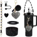 Daisy crochet tumbler strap with rhinestone heart keychain and diamond straw cover accessory set - Black