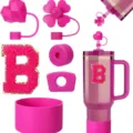 Pink Stanley cup silicone accessories set including straw covers letter B patch and boot. - Letter B
