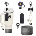 Stanley tumbler accessories set cute straw cover bow charm cup chain and silicone boot - 8-Piece Set / Black
