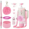 Ensemble accessoires gourde rose sangle pompon housse paille botte silicone détail - Ensemble de 8 pièces (gobelet non inclus) / Rose
