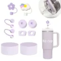 Niedliches Trinkbecher Zubehör Set Silikon Strohhalm Abdeckungen Becher Boot ästhetisch - Insgesamt 10 Teile / Violett Set A