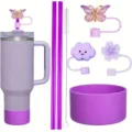 Purple insulated tumbler accessory set with handle, straws, brush, and cute toppers. - Purple
