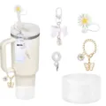Tumbler accessories set featuring silicone straw covers, bow charms, and glitter cup boot. - 8-Piece Set / White