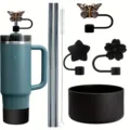 Ensemble d'accessoires pour gobelet en acier inoxydable avec pailles et capuchons. - Noir