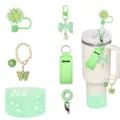 Silicone straw cover bow pendant cup chain and sleeve set for Stanley cup accessories green. - 8-Piece Set / Green