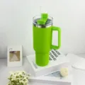 Green 40oz insulated stainless steel tumbler with handle and straw, close up detail. - 1.1L-2L / Generation 1 Grass Green