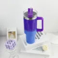 40oz stainless steel vacuum insulated tumbler with handle and straw in purple gradient. - 1.1L-2L / Rainbow Lacquer Purple & Blue Gradient