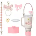 Pink Stanley tumbler accessories set with bow pearl charm, flower strap and silicone boot. - Pink 6-Piece Set