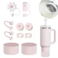Rosa Silikon Becher Zubehör Set, mit Blumen Strohhalm Abdeckungen, Stopfen und Tassenstiefel. - Insgesamt 10 Teile / Hellrosa Set A