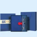 Blue notebook gift set with elegant pen, metal clip and luxury box packaging for office. - Honeycomb Royal Blue Notebook, Red Buckle, Blue Square Box, New U-clasp