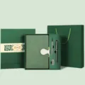 Green leather notebook business gift set with pen and packaging box for office use. - Honeycomb Pattern Green Notebook with White Buckle & Green Square Box New U