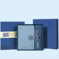 Premium blue leather notebook gift set with pen and metal clip for office and business. - Honeycomb Pattern Blue Notebook with Grey Buckle & Blue Square Box New U