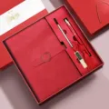 Red leather notebook gift set with business pen and bookmark for office and corporate gifting. - Retro Copper Buckle / Red Square Box (16G USB Flash Drive) / Red