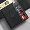 Business gift set with black leather notebook, metal pen, and Chinese knot bookmark. - Retro Copper Buckle / Black Square Box (16G USB Flash Drive) / Black