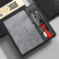 Business notebook gift set with A4 leather journal and metal pen for office and corporate gifts. - Retro Copper Buckle / Black Square Box (16G USB Flash Drive) / Gray