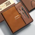 Business notebook gift set with brown leather journal and sleek metal pen, elegant box. - U-Buckle / Brown Square Box / Brown