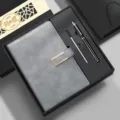 Premium grey leather notebook and metal pen gift box set for business office stationery supplies. - U-Buckle / Black Square Box / Gray