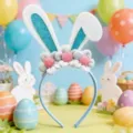 Lindo diadema de orejas de conejo floral rosa accesorio para el pelo de fiesta de Pascua. - Azul