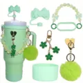 Mint green tumbler cup set with straw topper bead chain flower pendant and silicone boot. - Green