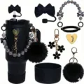 Black tumbler accessories set featuring bow straw cover bead chain furry pom pom and silicone boot - Black