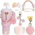 Pink insulated tumbler accessories set with cute bow straw topper and pom pom chain details. - Multicolor