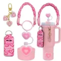 Rosa Herz 40oz Trinkbecher Zubehör Set mit geflochtenem Griff Hülle und Strohhalm. - Rosa