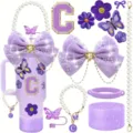 Ensemble d'accessoires DIY violet pour gourde Stanley 40oz avec nœuds et patchs. - Style Lettre C