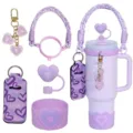 40oz Trinkbecher Zubehör Set Lila Herz geflochtener Griff Strohhalmtopper Tasche Schlüsselanhänger - Lila