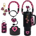 40oz Becher Zubehör Set mit schwarz rosa geflochtenem Griff, Herz Anhängern, Strohhalmdeckel. - Schwarz