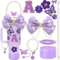 Ensemble d'accessoires de gourde violet compatible tasse 40oz botte paillettes nœud - Style Lettre A