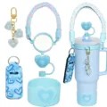 Blauwe 40oz tumbler accessoire set met gevlochten handvat en rietje topper hoes - Hemelsblauw