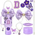 Ensemble d'accessoires de gobelet violet pour tasse 40oz avec nœuds et perles - Style Lettre D