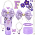 Lila Tumbler Zubehör Set mit Schleife, Buchstabe F Aufnäher, Perlenkette und Glitzer Cup Boot. - Buchstabe F