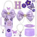 Lila 40oz Trinkbecher Zubehör Set Schleife Schmetterling Perlenkette Tasse Stiefel - Buchstabe H Stil