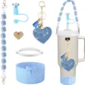 Daisy strap rhinestone heart keychain diamond straw cover silicone tumbler boot set - Style B / Blue