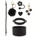 Ensemble de 7 accessoires pour bouteille d'eau noire avec lanière pompon et charms - Noir